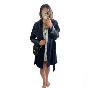 COPY - Belle Badgley Mischka 'Lorian' Blue faux Leather Trim Belted Asymmetrica…